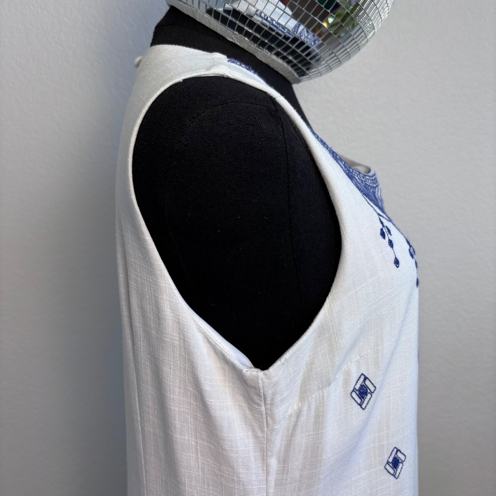 Soieblu Grecian Embroidered Cotton Linen Shift Mini Dress Size Small White Blue - Picture 13 of 15